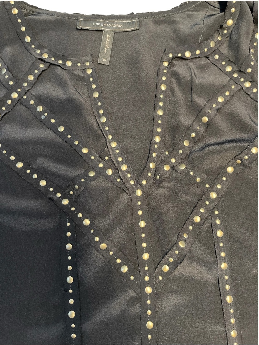 BCBG Maxazria Black Silk Studded V-Neck 3/4 Sleeves Blouse - Picture 7 of 8